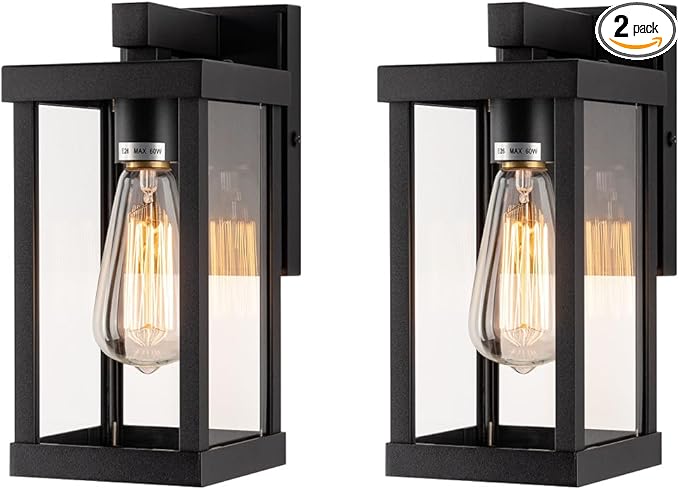 mirrea 11" Classic Outdoor Wall Sconce 1 Light in Matte Black Rectangular Metal Frame and Clear Glass Shade Waterproof Porch Light Patio Light Pack of 2-Ruum Studio Home