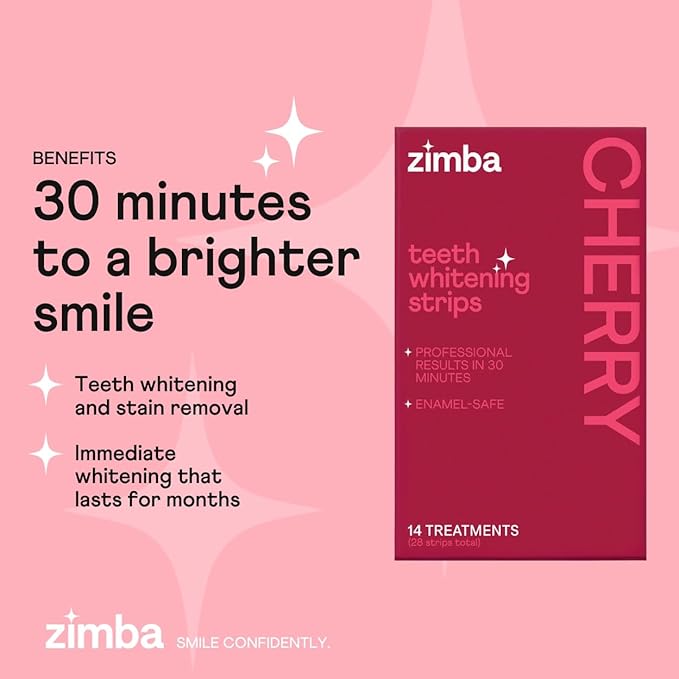 New Zimba Cherry Flavored Teeth Whitening Strips | Vegan, Enamel Safe Hydrogen Peroxide Teeth Whitener for Coffee, Wine, Tobacco, and Other Stains | 14 Day Treatment | Cherry-Ruum Studio Home