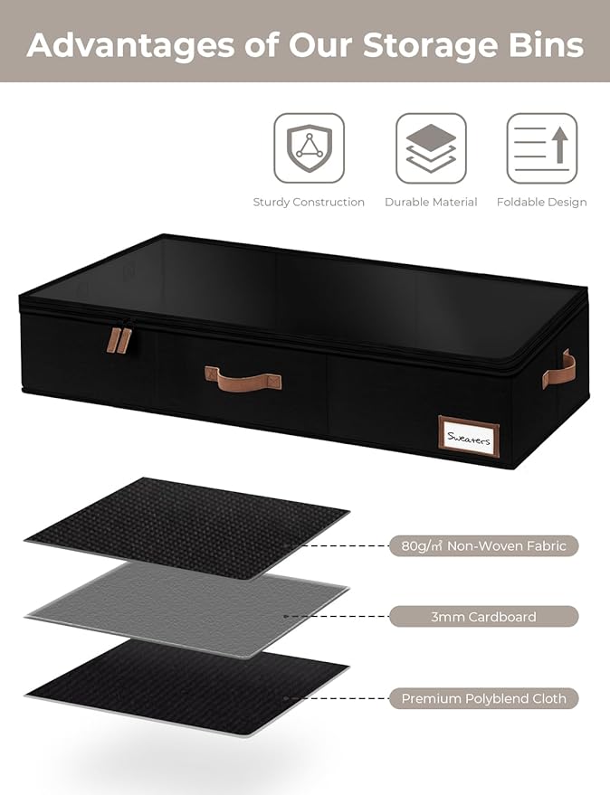 StorageWorks Large Under Bed Storage Containers with Handles and Label Holder, 2 Pack Ultra-thick Fabric Underbed Bins, Closet Organizer for Clothes, Blankets, Sweater-Ruum Studio Home