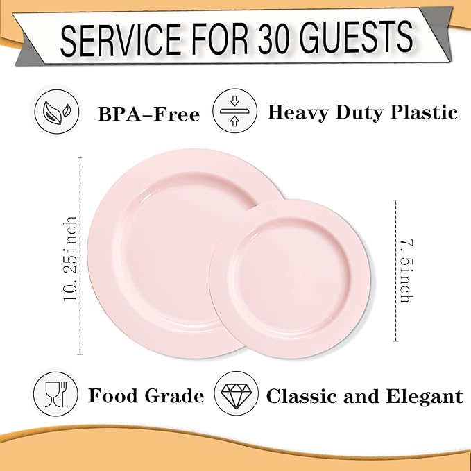 FLOWERCAT 60PCS Pink Plastic Plates - Heavy Duty Pink Plates Disposable for Party/Mother's Day/Wedding - serving 30 guests Include 30PCS 10.25inch & 30PCS 7.5inch-Ruum Studio Home