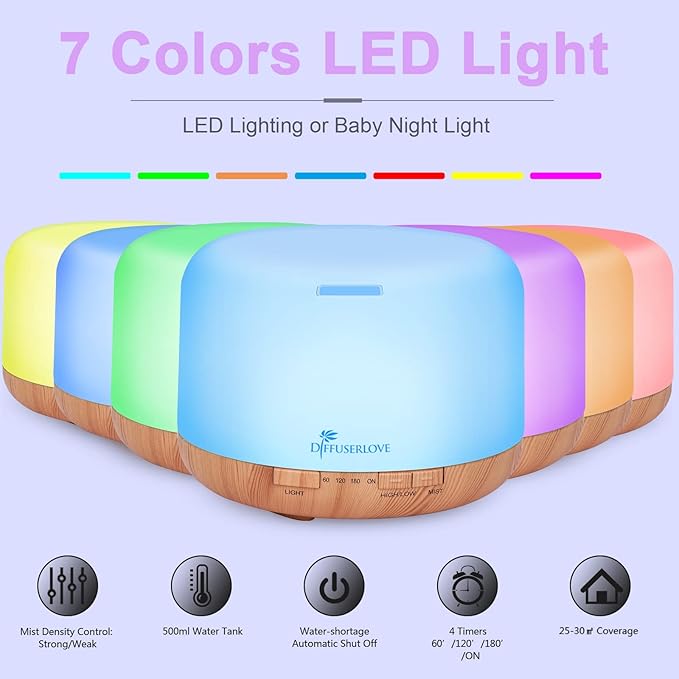 Diffuserlove Diffuser Essential Oil Diffusers 500ML Remote Control Aroma Diffuser Cool Mist Aromatherapy Diffuser with Mute Design, Timer and Auto Shut-Off for Office Living Room Yellow-Ruum Studio Home