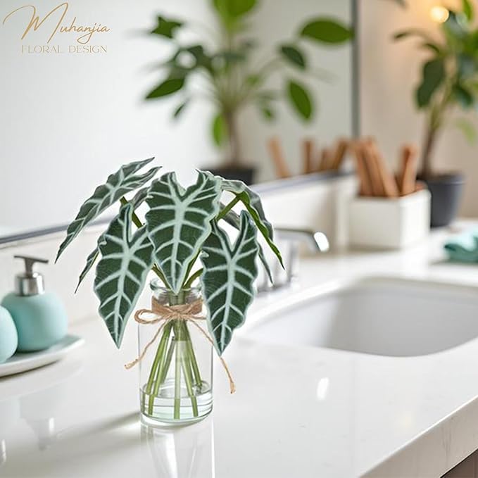 Artificial Flowers Turtle-Back, Alocasia Leaf, in Glass Vase with Faux Water,7Pcs Artificial Leaves Real Touch Latex Leaves for Centerpiece (1, Alocasia Leaf)-Ruum Studio Home