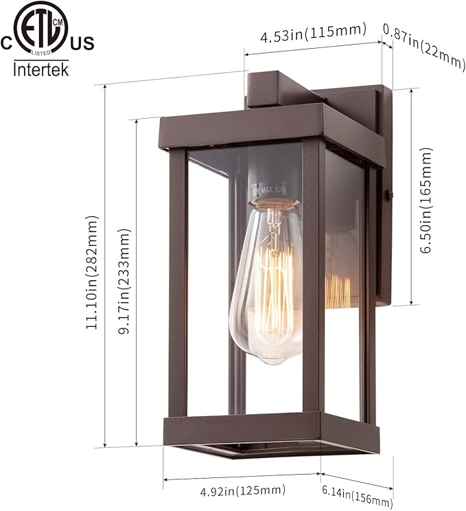 mirrea 11" Classic Outdoor Wall Sconce 1 Light in Oil Rubbed Bronze Rectangular Metal Frame and Clear Glass Shade Waterproof Porch Light Patio Light Pack of 2-Ruum Studio Home