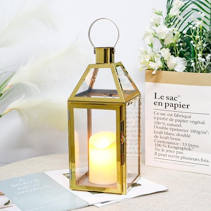 JHY Design Gold Decorative Lanterns 16" H Stainless Steel Candle Lanterns with Tempered Glass for Indoor Outdoor Events Parities and Weddings-Ruum Studio Home