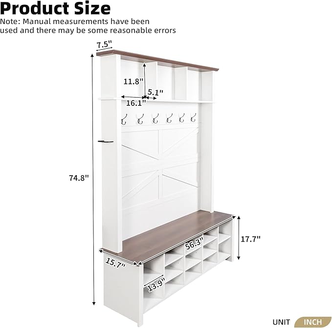 Ball & Cast 4-in-1 Hall Tree with 6 Hooks,Walnut Entryway Bench with Adjustable Shelves,Rustic Shoe Organizer with 16 Open Compartments,for Mudroom,Living Room,Hallway,White-Ruum Studio Home