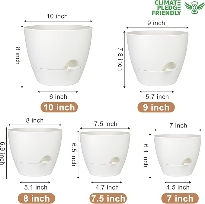 Plant Pots 10/9/8/7.5/7 Inch Self Watering Pots, Set of 5 Plastic Planters with Drainage Holes and Saucers,Plastic Flower Pots,Nursery Planting Pot for Indoor Out Door Plants(Pure White)-Ruum Studio Home