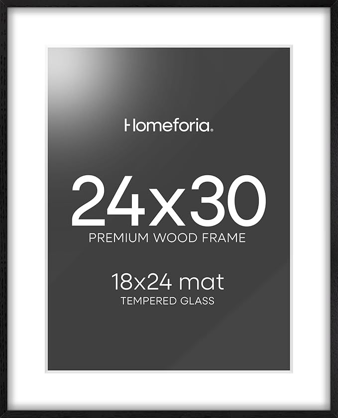 Homeforia Poster Frame 24x30 Black, High End Oak 24x30 Wooden Picture Frames with Mat 18x24 in Photo, 24 x 30 Large Wood Frame Matted to 18 by 24 Print, 30x24 Frame, Tempered Glass, Wall Kit, Set of 1-Ruum Studio Home
