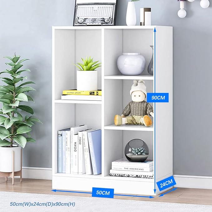 IOTXY Open Shelf Low Bookcase - Wooden 3-Tier Floor Standing Display Cabinet Organizer with Base, 5 Cubes Short Horizontal Bookshelf in Warm White-Ruum Studio Home