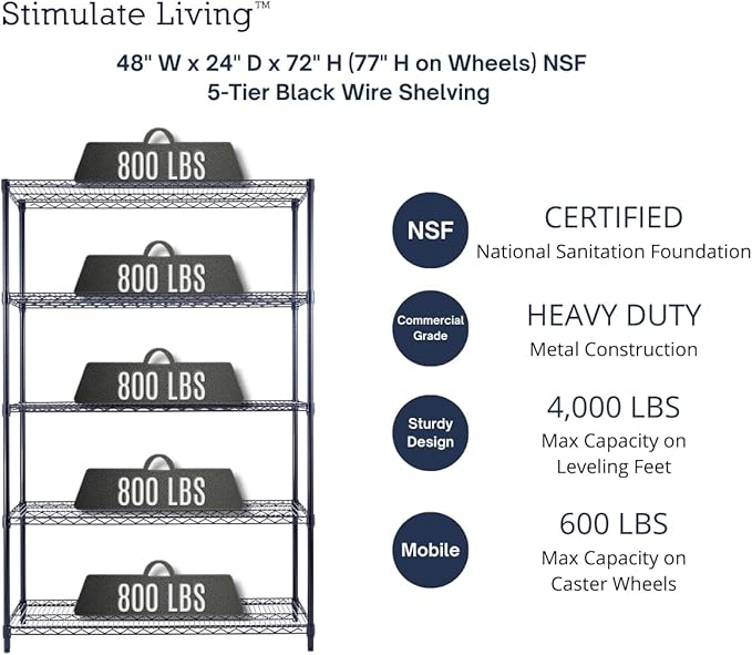 48"x24"x72" Prime Heavy Duty Black 5-Tier Steel Wire Shelving NSF 4000 LBS MAX Capacity Storage Rack for Commercial, School, Home, Garage, Warehouse, Industrial, and Hospital Uses (with Wheels)-Ruum Studio Home