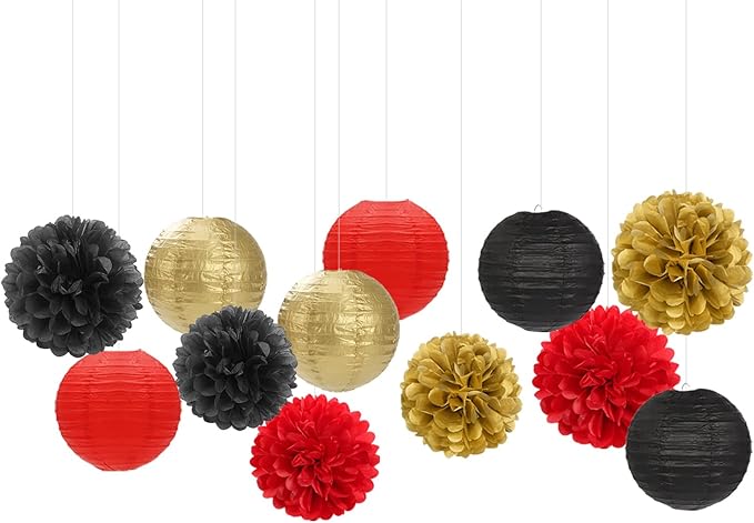 Red-Black Gold Party-Decorations Paper Flowers Lanterns - 15PCS Casino Theme Halloween Tissue Pom Poms Streamers,Game Night Women Men Birthday Wedding Bachelorette Hanging Supplies Decor Hugfond-Ruum Studio Home