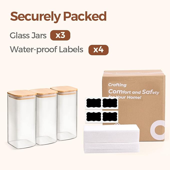 ComSaf Airtight Glass Storage Canister with Wood Lid (1.6 Qt), Clear Food Storage Container Jar with Sealing Lids for Oat Pasta Flour Cereal Rice Sugar Tea Coffee Beans, Set of 3 Square Cookie Jar-Ruum Studio Home
