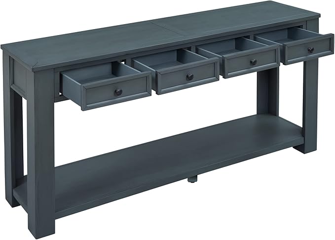 Solid Wood Console Table, Long Sofa Table Entryway Table with 4 Drawers and Bottom Shelf for Hallway Living Room Couch Table,Fully Assembled (63" Navy)-Ruum Studio Home