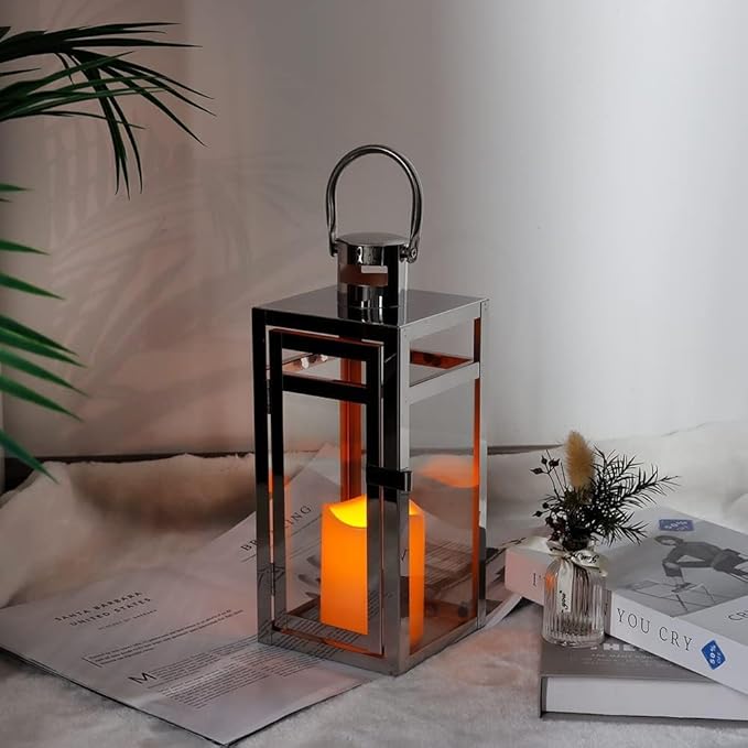 TRIROCKS Set of 2 Stainless Steel Decorative Lantern 12'' High Metal Hanging Lantern with Clear Glass Panels Perfect for Home Decor Living Room Parties Events Tabletop Indoors Outdoors (Silver)-Ruum Studio Home