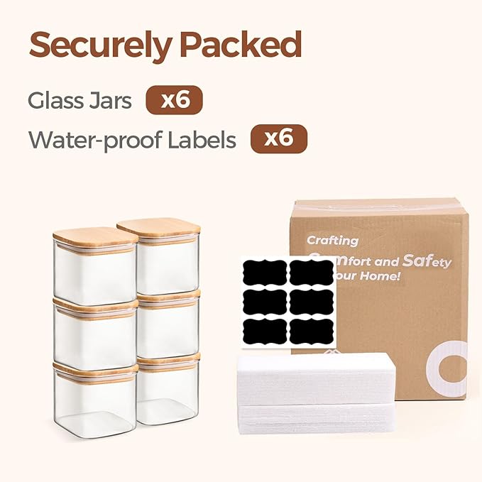 ComSaf 0.6 Qt Glass Food Storage Jars Set of 6, Clear Storage Containers with Airtight Lids, Pantry Organization Jar, Spice Jar, Blooming Tea, Coffee and Sugar Container, Canister Set for Kitchen-Ruum Studio Home