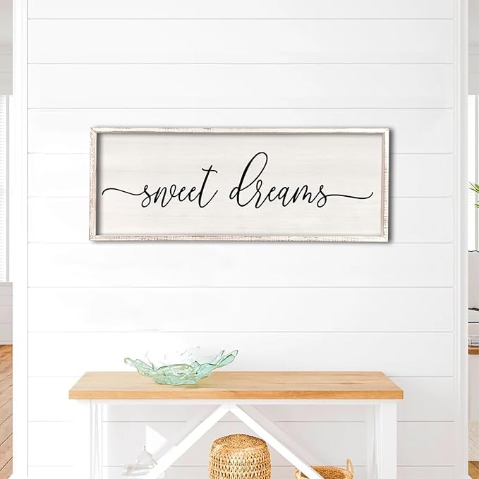 Sweet Dreams Wall Decor Above Bed 32''×12'' Master Bedroom Large Sweet Dreams Sign Farmhouse Wall Decor Guest Room Wood Rustic Framed Wall Art Hanging Decoration (White)-Ruum Studio Home