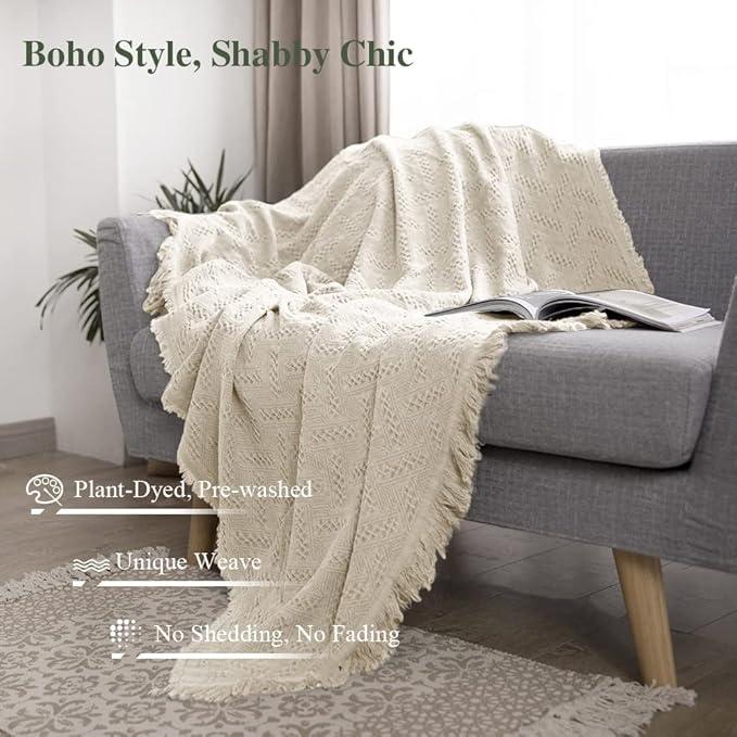 Simple&Opulence 100% Cotton Throw Blanket for Bed, Couch, Boho Luxury Geometric Knit Woven Blanket with Tassels Soft Lightweight Cozy Breathable, Vintage Farmhouse Decoration for All-Season(White)-Ruum Studio Home
