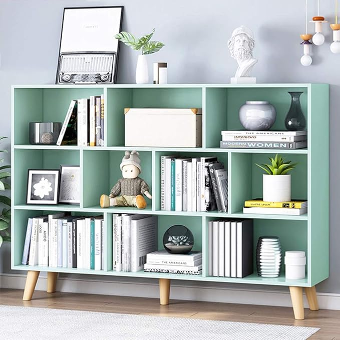 IOTXY Wooden Open Shelf Bookcase - 3-Tier Floor Standing Display Cabinet Rack with Legs, 10 Cubes Kids Bookshelf, Tiffany-Green-Ruum Studio Home