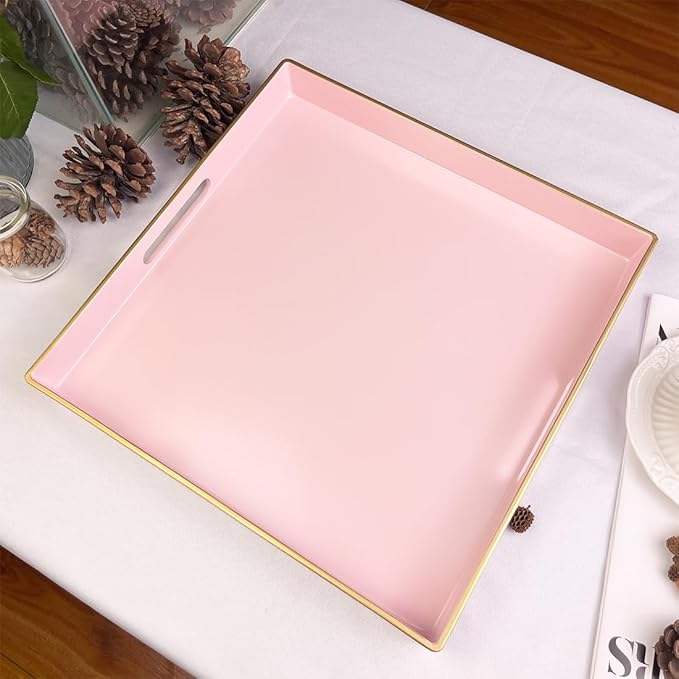 Pink Decorative Tray, Square Serving Tray with Handles, Plastic Coffee Table Tray for Ottoman, Living Room, Kitchen Tabletop, 13"x13"x1.6"-Ruum Studio Home
