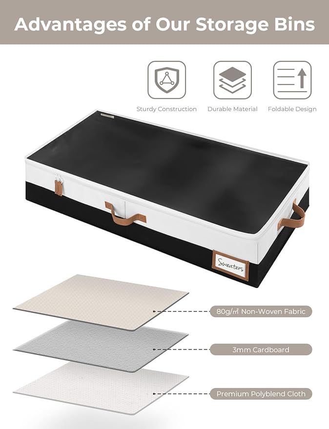 StorageWorks Large Under Bed Storage Containers with Handles and Label Holder, 2 Pack Ultra-thick Fabric Underbed Bins, Closet Organizer for Clothes, Blankets, Sweater-Ruum Studio Home