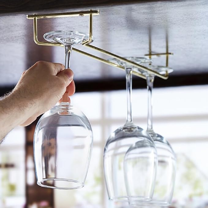 Soro Essentials- 16" Glass Hanging Stemware Rack Brass Plated Set of 2- Wine Glass Hangers Under Shelf Cabinet Wire Wine Holder Storage Hanger for Cabinet Kitchen Bar or Home-Ruum Studio Home