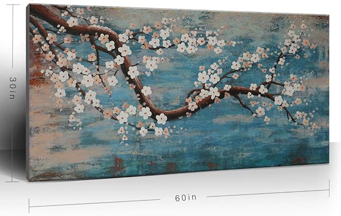 Huge Wall Art for Living Room 100% Hand-Painted Flower Oil Painting On Canvas Gallery Wrapped Floral Plum Blossom Artwork for Bedroom Office Decor One Panel 60x30inch Extra Large-Ruum Studio Home