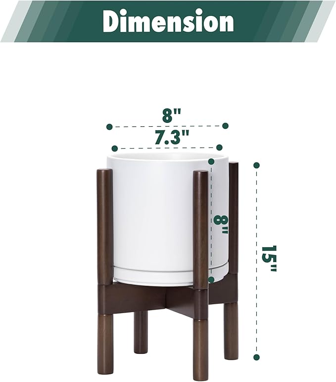 D'vine Dev Ceramic Planter with Walnut Color Stand - 8 Inch Modern Round Flower Pot with Wood Planter Holder, White, 55-B-Y-1-Ruum Studio Home