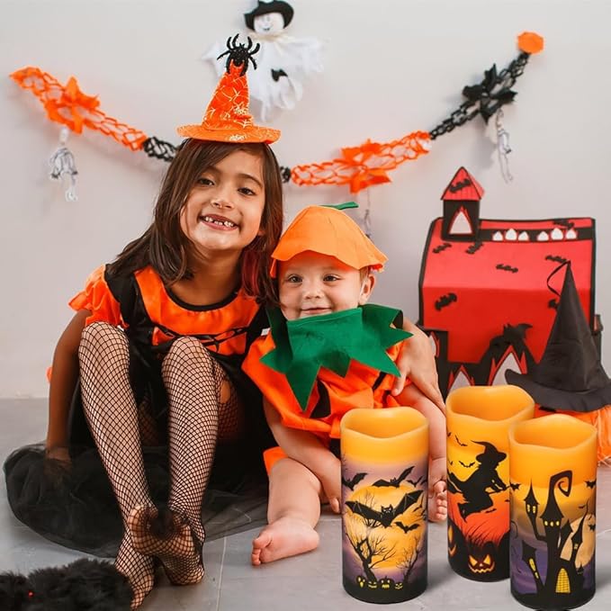 Wondise Halloween Flameless Flickering Candles with 6hrs Timer, Battery Operated Candles with Halloween Decals Real Wax LED Pillar Candles for Halloween Home Table Decor (3 x 6 Inches), Orange-Ruum Studio Home