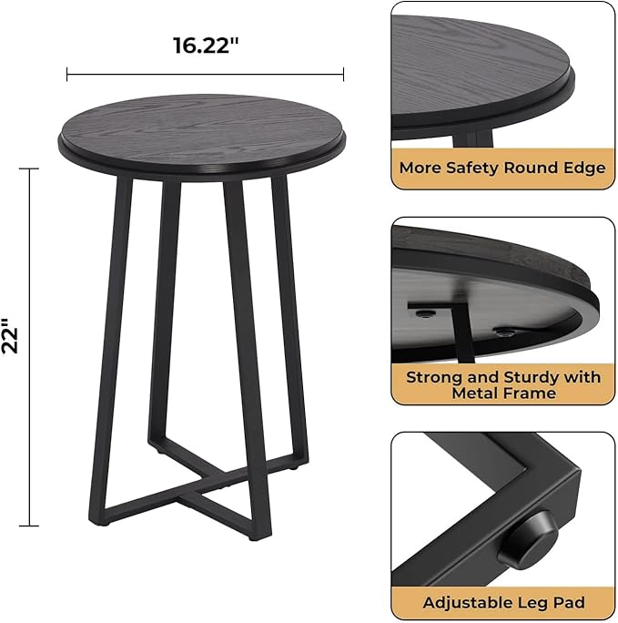 Round End Table, Small Side Table Black Color MDF Top, Metal Frame Black, Tall End Side Table for Bed Room, Coffee Tea End Table for Living Room(Round Black)-Ruum Studio Home