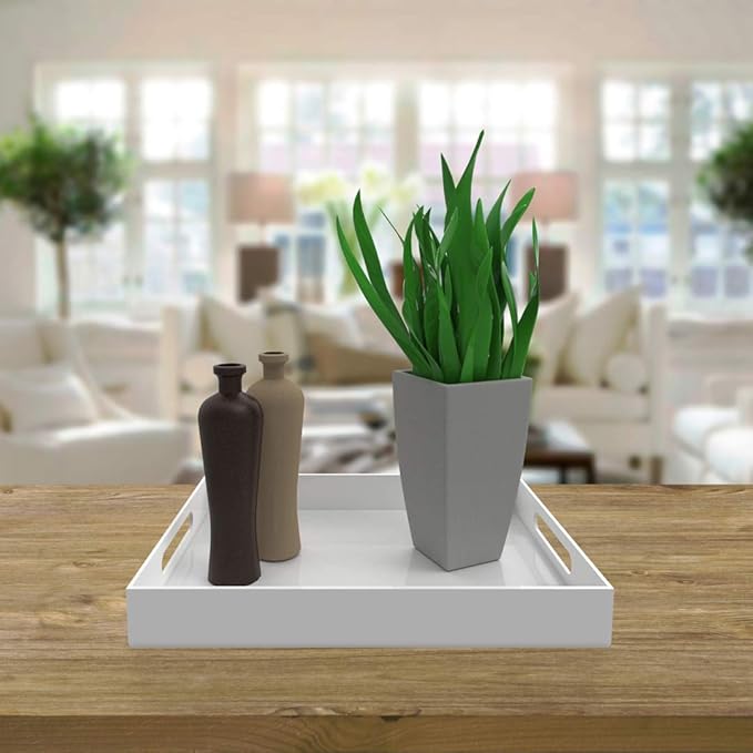 White Acrylic Serving Tray for Vanity, Bathroom, Outdoor, Food and Décor with Handles (Rectangle, Small)-Ruum Studio Home