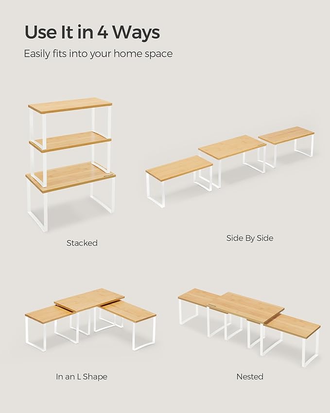 SONGMICS Cabinet Organizer Shelf, Set of 3 Kitchen Counter Shelves, Kitchen Storage, Spice Rack, Stackable, Expandable, Cloud White and Natural Beige UKCS014W01-Ruum Studio Home