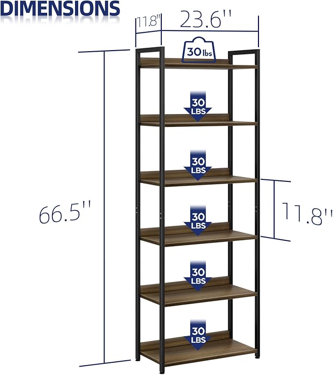 NUMENN Bookshelf, 6 Tier Bookshelves, Home Office Bookcase Shelf Storage Organizer, Free Standing Storage Shelving Unit for Bedroom, Living Room and Home Office, Dark Walnut-Ruum Studio Home