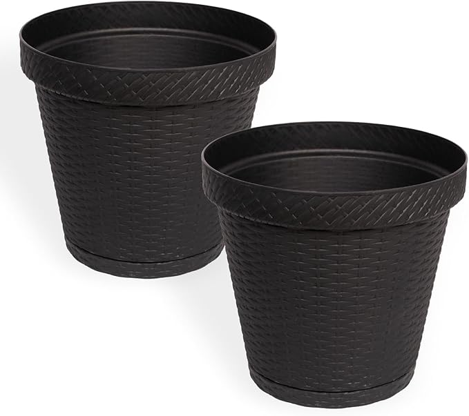 Elly Décor Set of 2 12 inch Round Saucer Modern Self Watering Planter Plates, Pots with Rattan-Like Finish, 12x12 Gray-Ruum Studio Home