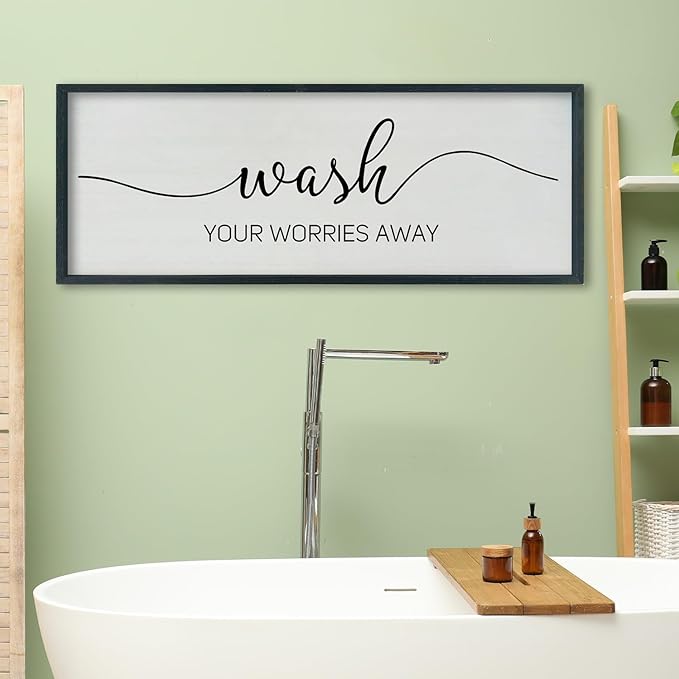 SRSZHIYUE Wash Your Worries Away Bathroom Sign Wall Art 40"x15" Funny Restroom Toilet Large Wood Framed Hanging Decor (Black)-Ruum Studio Home