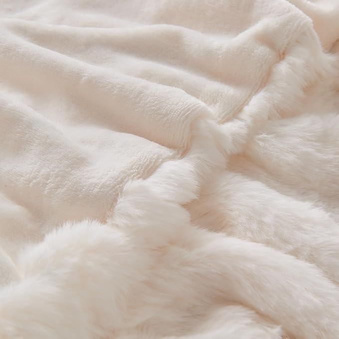 Lotus Karen Faux Fur Throw Blanket Cream White - Big Bubble Rabbit Fluff Blanket for Couch, Small Fluffy Fuzzy Cozy Blanket, Thick Furry Plush Shaggy Blankets, 50x60 Inches-Ruum Studio Home
