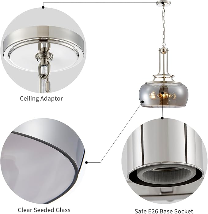 WUZUPS Nickel Chandelier Rustic Farmhouse Industrial Round Ceiling Pendant LED Light Fixture Electroplated Gray Glass Shade for Dining Room Kitchen Island Foyer Entryway, H 20.9" W 15.9", E26 Base-Ruum Studio Home