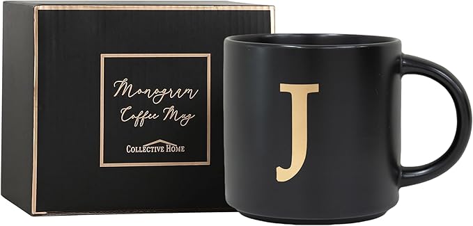 COLLECTIVE HOME - Monogram Ceramic Mugs, 15 oz Golden Initial Black Coffee Cups, Elegant Alphabet Tea Mugs, Elegant Personalized Mug with Gift Box, Unique Mug with Double Side Capital Lette (J)-Ruum Studio Home