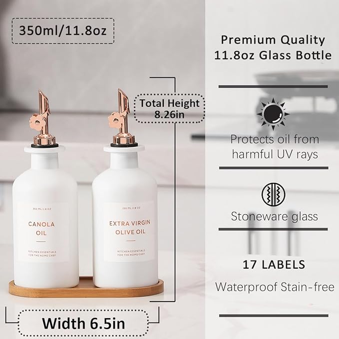 HOMCDALY Olive Oil Dispenser for Kitchen, 11.8oz Glass kitchen Dispenser Bottle, Rose Gold Oil&Vinegar Cruet Set, Leakproof Oil Containers for Cooking, Kitchen Decor | Set of 2 (11.8oz – Rose Gold)-Ruum Studio Home