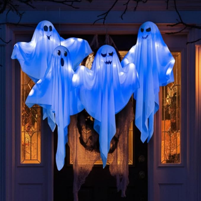 4 Pack Halloween Hanging Ghost Decorations, 27.5" Light Up Spooky Floating Ghosts with LED Glow, Waterproof Outdoor & Indoor Haunted House, Porch, Yard, Garden Party Decor-Ruum Studio Home