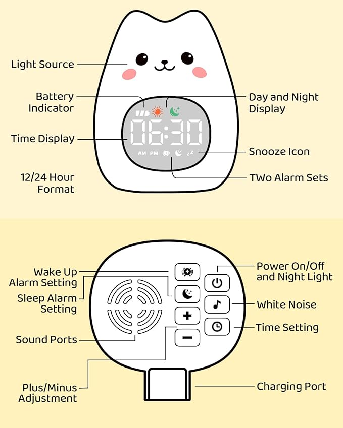 Cat Alarm Clock for Kids with Night Light, Sleep Training Clock Time to Wake Clock, Rechargeable Silicone Light for Bedroom, Perfect Sleep Companion for Boys Girls-Ruum Studio Home