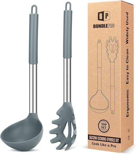 Silicone Pasta Fork and Ladle Spoon Set, Large Non Stick Kitchen Utensils for Cooking,Stirring,Serving Spaghetti, Soup, Sauce (GRAY)-Ruum Studio Home