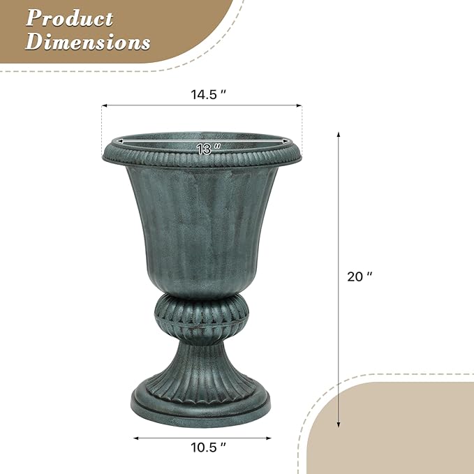 Athena Collection 20''H Garden Plastic Urn Vintage Tall Planter Urn Patio Large Flower Pot Porch Planter Large Planter for Indoor Outdoor Plant, Dark Green-Ruum Studio Home