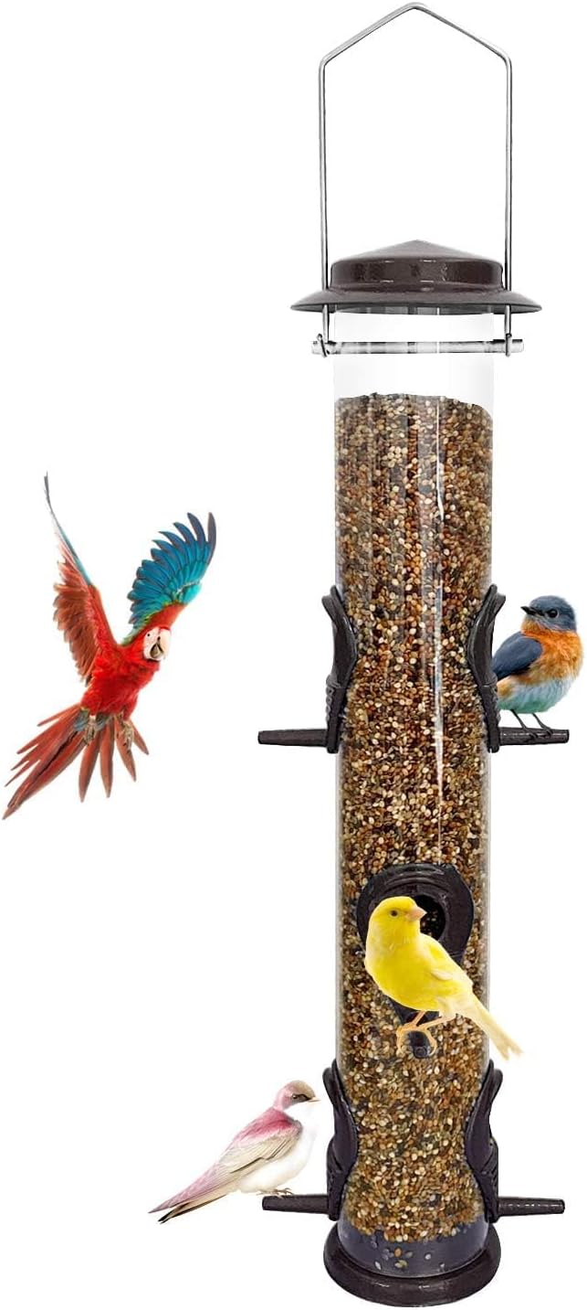 MIXXIDEA 1PK Metal Bird Feeders with 6 Feeding Ports,Tube Bird Feeder with Steel Hanger,Hard Plastic Wild Bird Feeder for Outdoors Hanging, Attracting Birds in Your Lawn, Garden, Balcony–Coffee-Ruum Studio Home
