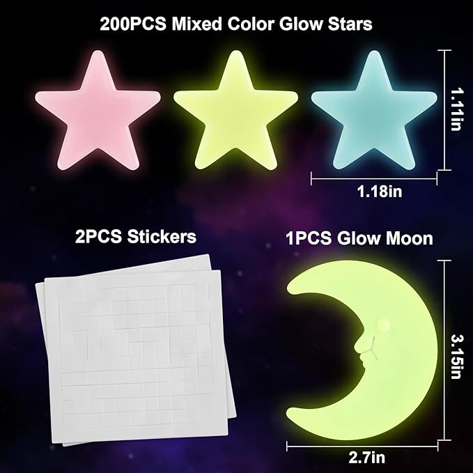 200 Glow in The Dark Stars for Ceiling - Glowing Stars and Moon Stickers Estrellas que brillan en la oscuridad para el techo de cuarto Plastic Space Galaxy Decals Bedroom Wall Decorations-Ruum Studio Home