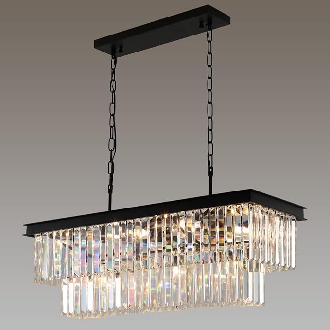 Crystal Chandeliers for Dining Room 11-Light Black Modern Chandelier Rectangle Contemporary Pendant Light Fixture for Kitchen Island Bar L33.5 Inch-Ruum Studio Home