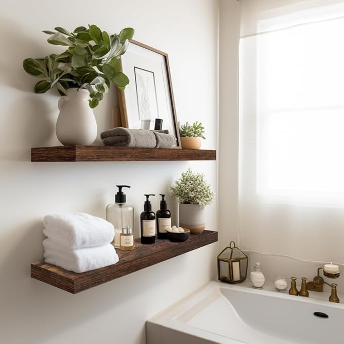 LaVie Home Floating Shelves, 24 Inch Wall Shelf Set of 2, Hanging Shelf with Invisible Brackets, Wall Decor for Bathroom, Bedroom, Living Room, Kitchen Storage, Rustic Brown-Ruum Studio Home
