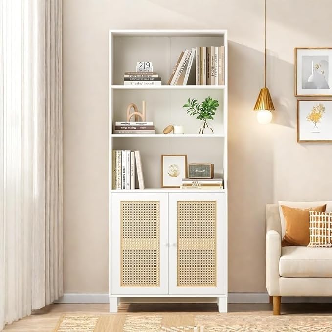 Tall Bookshelf, 5-Tier Book Shelf with 2 Rattan Doors, Freestanding Bookcase Display Shelves with Large Storage, Book Case for Living Room, Office, Study, Bedroom, 70.9 Inch-Ruum Studio Home