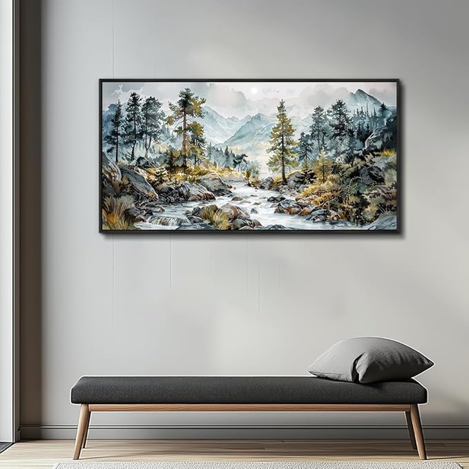 PHAOHUAXM Large Wall Art For Bedroom Wall Decor For Living Room Office Decoration Rivulet View Painting Forest Tree Landscape Watercolour Pictures Canvas Artworks Home Decor Black Framed 24x48 In-Ruum Studio Home