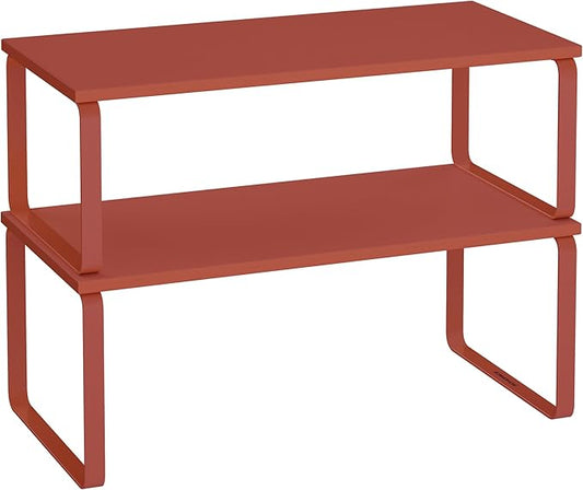 SONGMICS Cabinet Organizer Shelf, Set of 2 Kitchen Counter Shelves, Kitchen Storage, Spice Rack, Stackable, Expandable, Metal and Engineered Wood, Mandarin Red UKCS200Y02-Ruum Studio Home