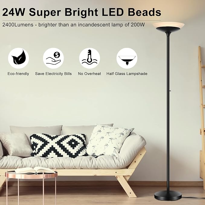 BoostArea Torchiere Floor Lamp, 30W Super Bright LED Standing Lamp, Stepless Dimmable Pole Lamp with 3000K Lighting, Rotary Switch, 70 Inch Tall Metal Modern Floor Lamps for Living Room/Bedroom Black-Ruum Studio Home