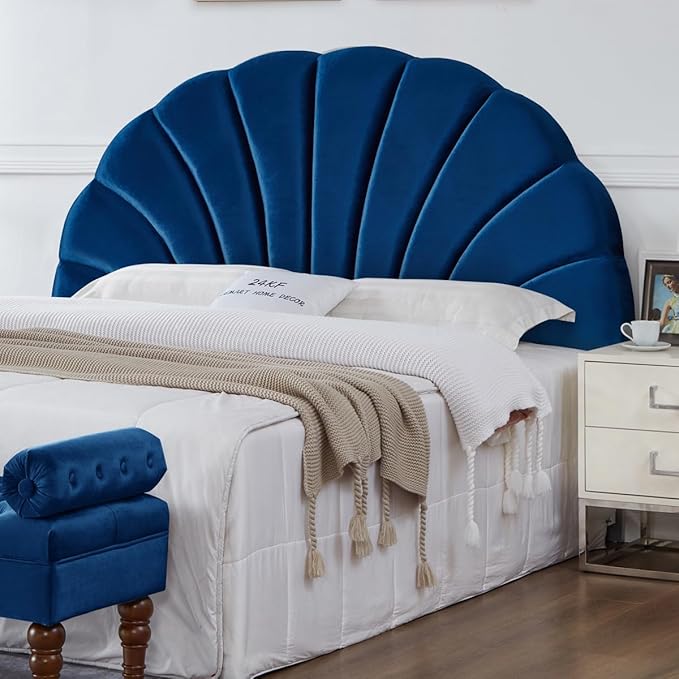 24KF Stunning Crown Design King Headboard, Upholstered Soft Velvet Petal Pattern Headboard King/CA King-6039-K-Navy-Ruum Studio Home